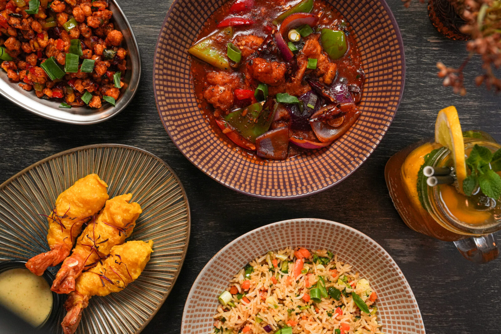 Indo-Chinese dishes placed on a table